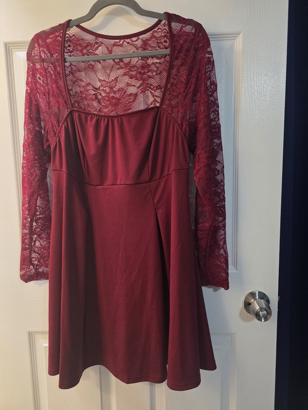 Shein Women's Lace-Sleeve Fit & Flare Dress - Burgundy 2xl